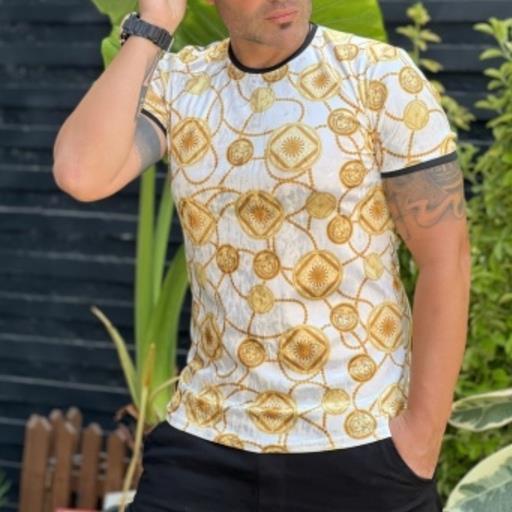 تیشرت آستین کوتاه مخمل کلاسیک versace سفید طلایی